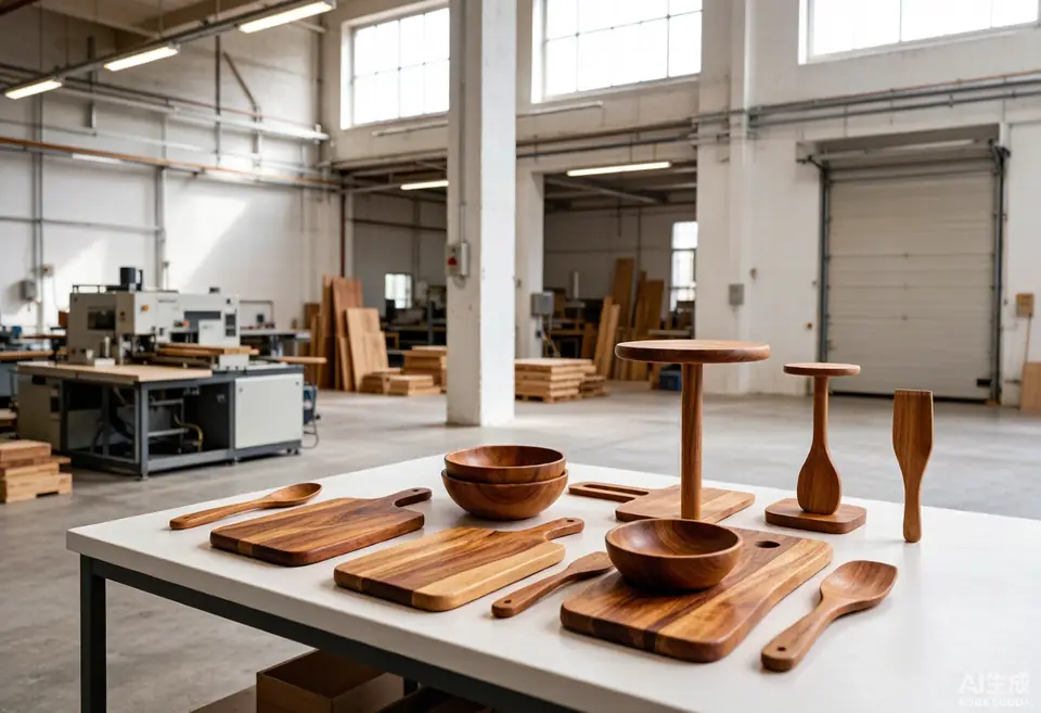 Wood products displayed inside Xin Xiao Mu manufacturing facility
