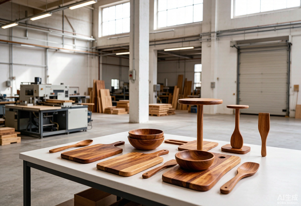 Wood products displayed inside Xin Xiao Mu manufacturing facility
